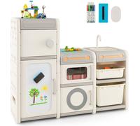 COSTWAY Armoire à jouets pour enfants, armoire polyvalente avec tableau blanc magnétique, lavabo amovible & robinet, table de jeu avec marqueurs & gommes