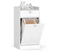 COSTWAY Armoire à linge basculante, armoire de salle de bain avec étagère, tiroir & sac à linge, armoire de salle de bain avec poignées pour salle de bain, blanc, 40,5x40x80cm