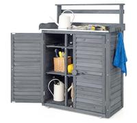 COSTWAY Armoire de Jardin en Bois avec Plan de Travail Métal (Gris) | Meuble de Rangement Extérieur avec 3 Crochets, Etagères Amovibles, Portes à Persiennes, Table de Rempotage