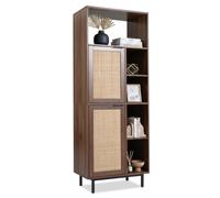 COSTWAY Armoire de Rangement avec Portes en Rotin, Marron | Bibliothèque Design Cannage, Étagères Réglables, Compartiments Ouverts, Anti-basculement, pour Salon Cuisine Chambre