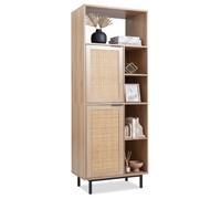 COSTWAY Armoire de Rangement avec Portes en Rotin, Naturel | Bibliothèque Design Cannage, Étagères Réglables, Compartiments Ouverts, Anti-basculement, pour Salon Cuisine Chambre