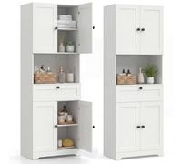 COSTWAY Armoire de Salle de Bains, Armoire Haute en Bois avec 4 Portes, 1 Tiroir, Compartiment Ouvert, Étagère Réglable, Meuble de Rangement Moderne pour Cuisine, Salon (Blanc)