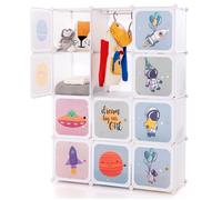 COSTWAY Armoire Meuble de Rangement pour Enfants, 12 Cubes avec 2 Section Penderie, Joli, Assemblage facile, 109 x 37 x 145cm, Blanc