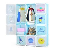 COSTWAY Armoire Meuble de Rangement pour Enfants, 12 Cubes avec 2 Section Penderie, Joli, Assemblage facile, 109 x 37 x 145cm, Bleu