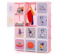COSTWAY Armoire Meuble de Rangement pour Enfants, 12 Cubes avec 2 Section Penderie, Joli, Assemblage facile, 109 x 37 x 145cm, Rose