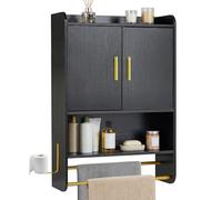 COSTWAY Armoire Murale Salle de Bain avec 2 Portes, Étagères Réglable et Amovible, Compartiment Ouvert, Meuble WC Suspendu avec 2 Porte-Serviettes, Crochet, 55 x 20 x 80 cm (Noir)