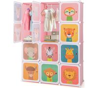 COSTWAY Armoire portable pour enfants, armoire bébé avec 12 compartiments cubes & 2 barres de suspension, adorable commode de dessin animé, armoire modulaire DIY ROSA