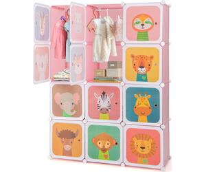 COSTWAY Armoire portable pour enfants, armoire bébé avec 12 compartiments cubes & 2 barres de suspension, adorable commode de dessin animé, armoire modulaire DIY ROSA