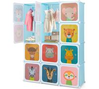 COSTWAY Armoire portable pour enfants, armoire pour bébé avec 12 compartiments en cube & 2 barres de suspension, adorable commode de dessin animé, armoire modulaire DIY bleue