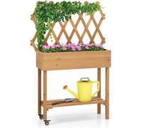 COSTWAY Bac à plantes surélevé avec treillis, casier de rangement, roues verrouillables & revêtement en tissu, bac à plantes surélevé 90x29x129cm