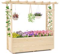 COSTWAY Bac à plantes surélevé avec treillis, toit suspendu & trous de drainage, bac à fleurs pour plantes grimpantes, bac à plantes en bois 115x40x103cm