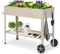 COSTWAY Bac surélevé avec étagère & 2 roulettes, Bac de jardin surélevé en métal, Bac à plantes avec crochet & poignée, Bac à légumes Bac à herbes aromatiques grand, pour balcon Jardin Terrasse, 95 x 