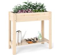 COSTWAY Bac surélevé avec étagère & drainage, Bac de jardin surélevé en bois, Bac à plantes, Bac à légumes Bac à herbes aromatiques grand 81 x 37 x 77 cm Naturel