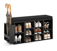 COSTWAY Banc Chaussures Entrée avec Porte-Parapluie, Banc de Rangement avec Coussin, 10 Compartiments, Étagères Réglables à 5 Positions, Housse de Coussin Lavable, 110 x 30 x 52,5 cm (Noir)