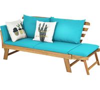 COSTWAY Banc de jardin avec fonction chaise longue, canapé de jardin avec coussins et accoudoirs pliables 198 x 75 x 75 cm bleu