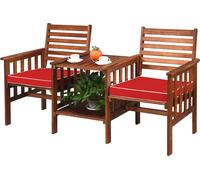 COSTWAY Banc de jardin avec table, banc en bois 2 places avec coussin d'assise & trou pour parasol, banc en acacia pouvant supporter jusqu'à 350 kg, banc de terrasse 165 x 65 x 88 cm (rouge)
