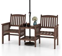 COSTWAY Banc de jardin avec table, banc en bois 2 places avec trou pour parasol, banc en bois de sapin pouvant supporter jusqu'à 330 kg, banc de terrasse pour balcon, 165x60x88 cm