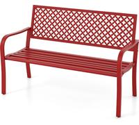 COSTWAY Banc de jardin en métal jusqu'à 300kg, banc résistant aux intempéries pour 2-3 places, banc de parc avec dossier & accoudoir, 127x62x86cm rouge