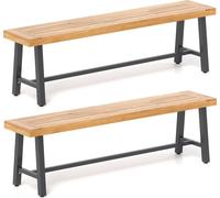 COSTWAY Banc de jardin résistant aux intempéries, banc de terrasse 3 places jusqu'à 360 kg, banc de parc en bois d'acacia et métal, sans dossier 160x32x45cm 2 Pack