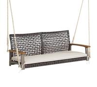 COSTWAY Banc Suspendu de Jardin en Rotin - 2 Place, Accoudoirs en Bois d'Acacia, Cadre en Métal, Coussin, Cordes, Crochets - Blanc