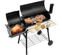 COSTWAY Barbecue à Charbon de Bois-Fumoir Déporté,Couvercle-2 Roues-Caisse de Feu-Table Latérale-Thermomètre, Grille,115x65x108cm