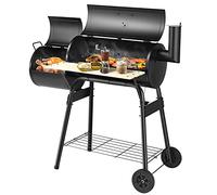 COSTWAY Barbecue à Charbon en Bois avec Fumoir Déporté 2 en 1, Barbecue Portable avec Caisse de Feu Latérale Table Latérale Étagère Poignées en Bois et 2 Roues pour Camping Pique-Nique