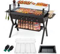 COSTWAY Barbecue au charbon de bois avec étagères à épices, tablette, pare-vent et gants, barbecue de camping, barbecue BBQ