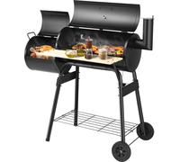 COSTWAY Barbecue au charbon de bois Chariot avec couvercle, smoker 2 en 1 & barbecue avec roues, thermomètre, boîte à feu latérale, table latérale & étagère