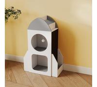 COSTWAY Bibliothèque 2 en 1 pour enfants en forme de fusée, étagère à 3 niveaux pour enfants et arbre à chat avec tableau, 2 compartiments, tablette et balle, étagère à jouets en bois