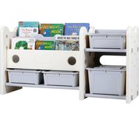 COSTWAY Bibliothèque 2 en 1 pour enfants, étagère à 2 niveaux avec 4 boîtes de rangement et étagère à jouets, bibliothèque Montessori pour enfants, organiseur de jouets