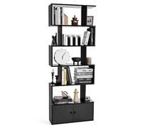 COSTWAY Bibliothèque avec 5 Etagères en Forme de S, Étagère de Rangement avec Compartiments 2 Portes pour Salon, Bureau, Chambre, 70 x 23 x 183 cm, Noir