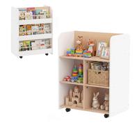 COSTWAY Bibliothèque double face pour enfants, étagère pour enfants avec 8 compartiments, tablette et roulettes, bibliothèque en bois pour enfants, étagère de rangement pour chambre d'enfants, 62,5 x 