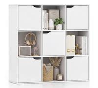 COSTWAY Bibliothèque Étagère de Rangement 9 Cases, Armoire de Rangement avec 4 Cubes Ouverts 28 x 28 cm, 5 Compartiments avec Porte, Meuble de Rangement pour Salon, Bureau, Chambre, Blanc