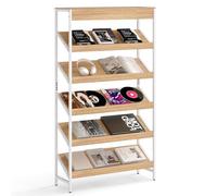 COSTWAY Bibliothèque, Étagère sur 6 Niveaux, Cadre Métallique Robuste, 4 Pieds Réglables, Meuble de Rangement pour Salon, Chambre, Bureau, 30 x 90 x 161 cm (Naturel + Blanc)