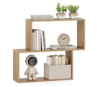 COSTWAY Bibliothèque Géométrique à 3 Niveaux, Bibliothèque S en Bois Autoportante avec 2 Compartiments Cubiques, Étagère de Rangement Ouverte pour Salon, Bureau (Naturel)