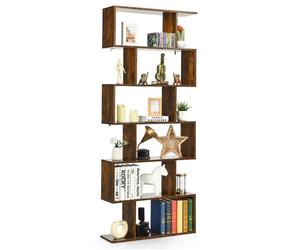 COSTWAY Bibliothèque Industrielle à 6 Niveaux 80 x 23 x 192 CM, Étagère de Rangement en Forme de S avec Pieds antidérapants, Marron