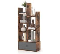 COSTWAY Bibliothèque Industrielle à 7 Niveaux avec Tiroir en Tissu, Étagère de Rangement avec Dispositif Anti-basculement, Marron