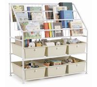 COSTWAY Bibliothèque Meuble de Rangement avec Paniers Inclinés | Organisateur en Métal avec Paniers, Étagère Ouverte, Tiroirs, Patins Réglables pour Jouets Livres