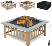 COSTWAY Bol de feu avec grille, panier de feu 3 en 1 avec pare-étincelles et tisonnier, foyer de jardin Outdoor, 81 x 81 x 50 cm, Fire Pit, Gris