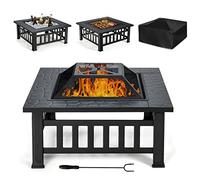 COSTWAY Brasero Extérieur Carré 3 en 1 avec Pare-étincelles (Noir) | Foyer de Jardin 81x81x50cm avec Grille Porte-bûches, Gril Barbecue, Tisonnier et Couvercle pour Camping