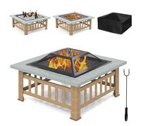 COSTWAY Brasero Extérieur pour Jardin, 81x81x50cm, Foyer Carré 3 en 1 avec Pare-étincelles, Grille Porte-bûches, Gril pour Barbecue, Tisonnier et Couvercle, pour Pique-Nique Camping (Gris+Noir)