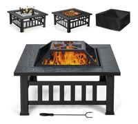 COSTWAY Brasero Jardin Multifonctions 81 x 81 x 50 cm avec Pare-étincelles,Grille Porte-bûches,Gril pour BBQ Tisonnier en Acier Noir
