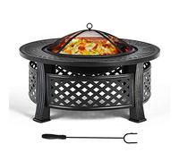 COSTWAY Brasero Rond 81 cm 3-en-1 Acier Résistant Haute Température | Foyer à Bois avec Grille à Bûches, Tisonnier et Housse de Pluie pour Camping Arrière-Cour