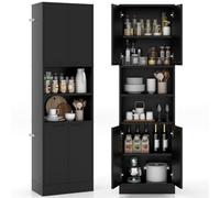 COSTWAY Buffet Cuisine Haut 190 Cm, Meuble De Rangement Avec 2 Placards, 2 Doubles Portes, 6 Étagères, Kits Anti-Basculement, Vaisselier Noir Pour Salle De Bain