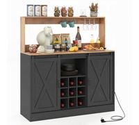 COSTWAY Buffet Cuisine, Meuble de Rangement | Prises & Portes Coulissantes | Casier à 9 Bouteilles, Étagère Supérieure, Porte-Verres, 2 Prises AC + 2 USB, Style Campagne pour Salle à Manger, Noir