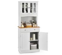 COSTWAY Buffet de Cuisine avec 2 Tiroirs et 2 Placards, 2 Portes vitrées, Passe-câble, Étagères Réglables, 68 x 40 x 170 cm