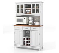 COSTWAY Buffet de Cuisine avec Large Comptoir, Armoire en Verre Trempé, Porte-Bouteilles, Étagères Réglables, 3 Tiroirs, Blanc