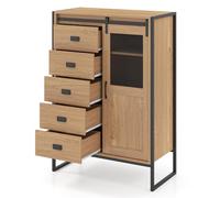 COSTWAY Buffet Haut Industriel avec 5 Tiroirs, Porte Coulissante, Meuble de Rangement Vertical avec Étagères, Armoire Compacte pour Petit Espace, Salle à Manger, Entrée, Cuisine (Naturel)