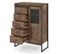 COSTWAY Buffet Haut Industriel avec 5 Tiroirs, Porte Coulissante, Meuble de Rangement Vertical avec Étagères, Armoire Compacte pour Petit Espace, Salle à Manger, Entrée, Cuisine (Marron Rustique)