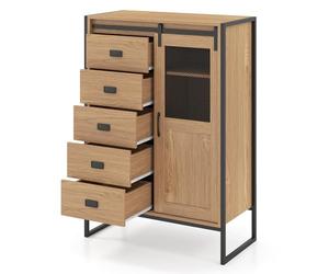 COSTWAY Buffet Haut Industriel avec 5 Tiroirs, Porte Coulissante, Meuble de Rangement Vertical avec Étagères, Armoire Compacte pour Petit Espace, Salle à Manger, Entrée, Cuisine (Naturel)